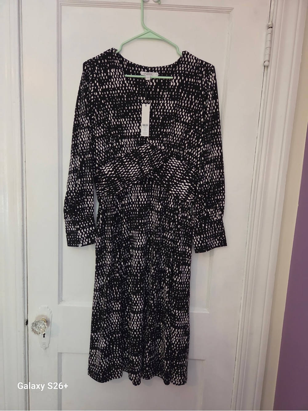 Chico's Black and White Printed Long Sleeve Midi Dress